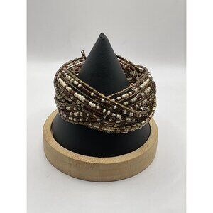 Multi-Strand Beaded Cuff Bracelet With Earth Tone Seed Beads Metal Wire Wrap